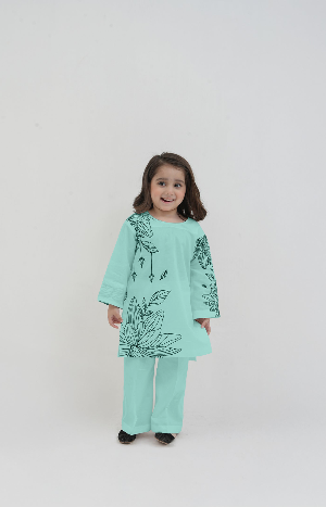 Child wearing a light blue traditional outfit with floral patterns on a white background