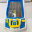Toy police car with a screen displaying a road game on a white background