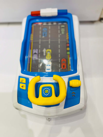 Toy police car with a screen displaying a road game on a white background