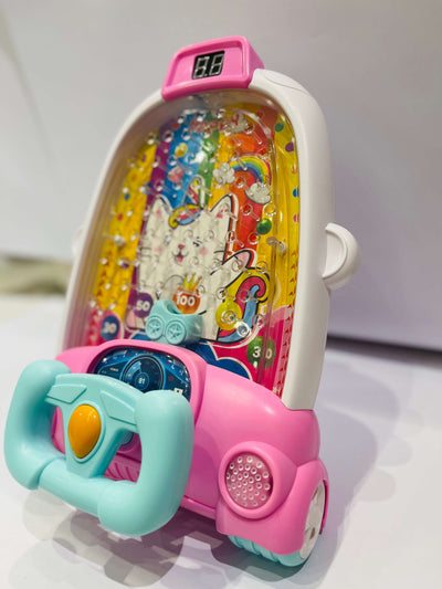 Children's toy car with colorful interior and cartoon character on a white background
