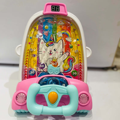 Children's toy car with colorful design and cartoon character on a white background