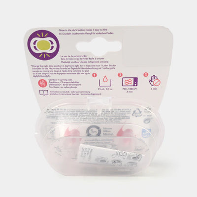 Back of a baby pacifier packaging with text and icons on a white background