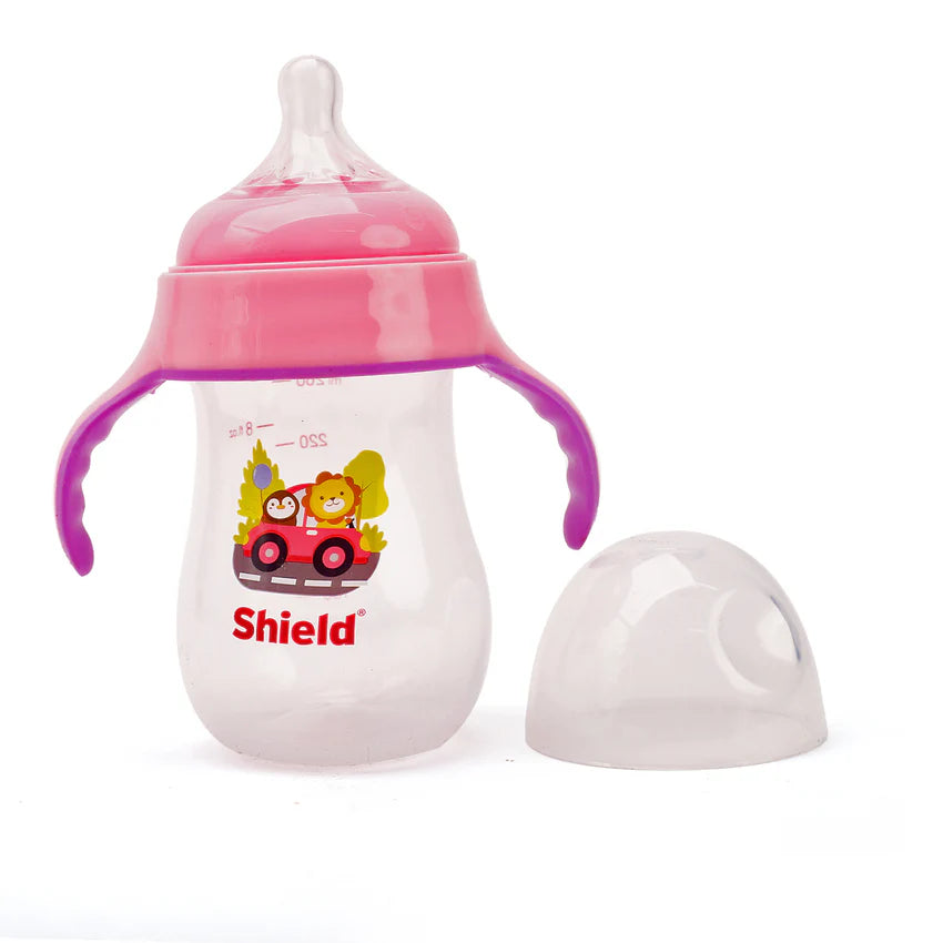 Baby bottle with pink lid and purple handles on a white background