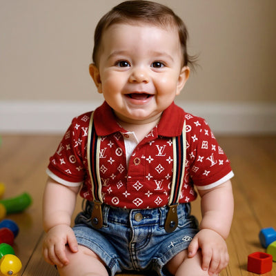 Child wearing a patterned shirt and suspenders.