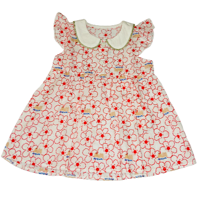 Children's dress with red floral pattern.