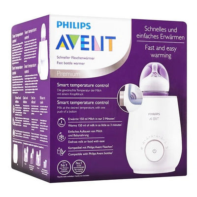 Philips Avent bottle warmer packaging with text on.