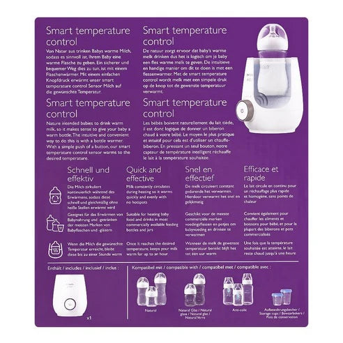 Product packaging with text and images of a baby bottle warmer.