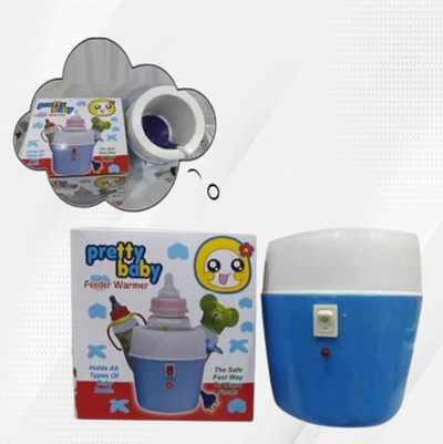 Blue and white baby bottle warmer with packaging and additional accessories on a white background