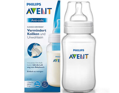 Philips Avent anti-colic baby bottle with packaging on a white background