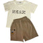 Children's outfit with beige t-shirt and brown shorts.
