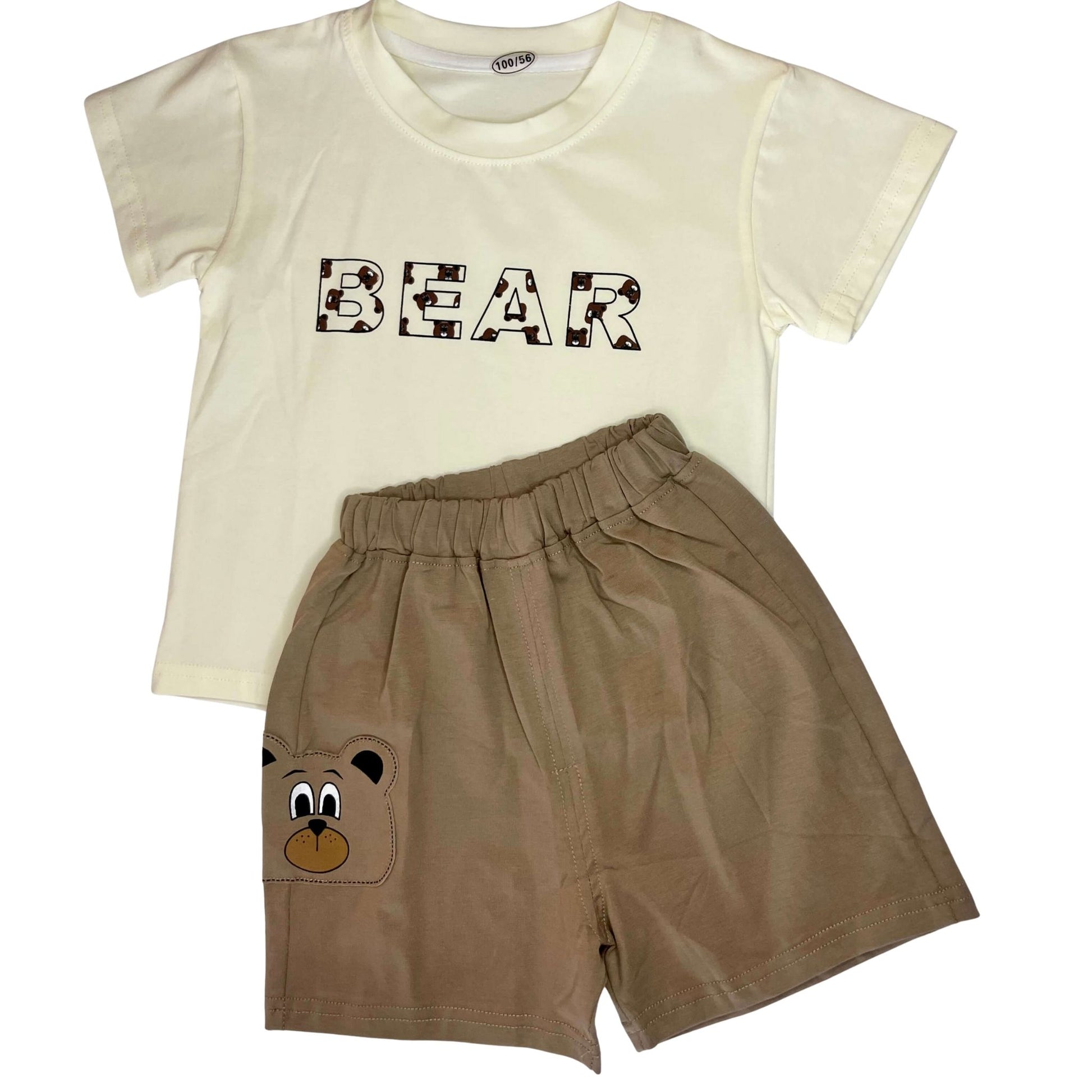 Children's outfit with beige t-shirt and brown shorts.