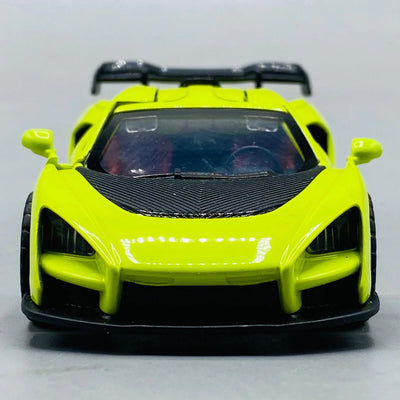 Yellow toy car with black accents on a gray background