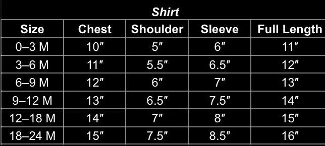 Size chart for shirts with measurements in inches
