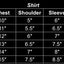 Size chart for shirts with measurements in inches