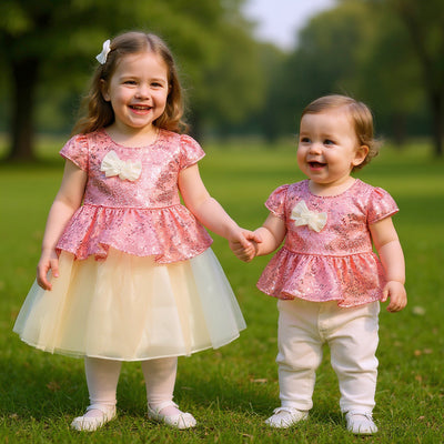 Two young girls in matching pink tops and dresses standing on grass.