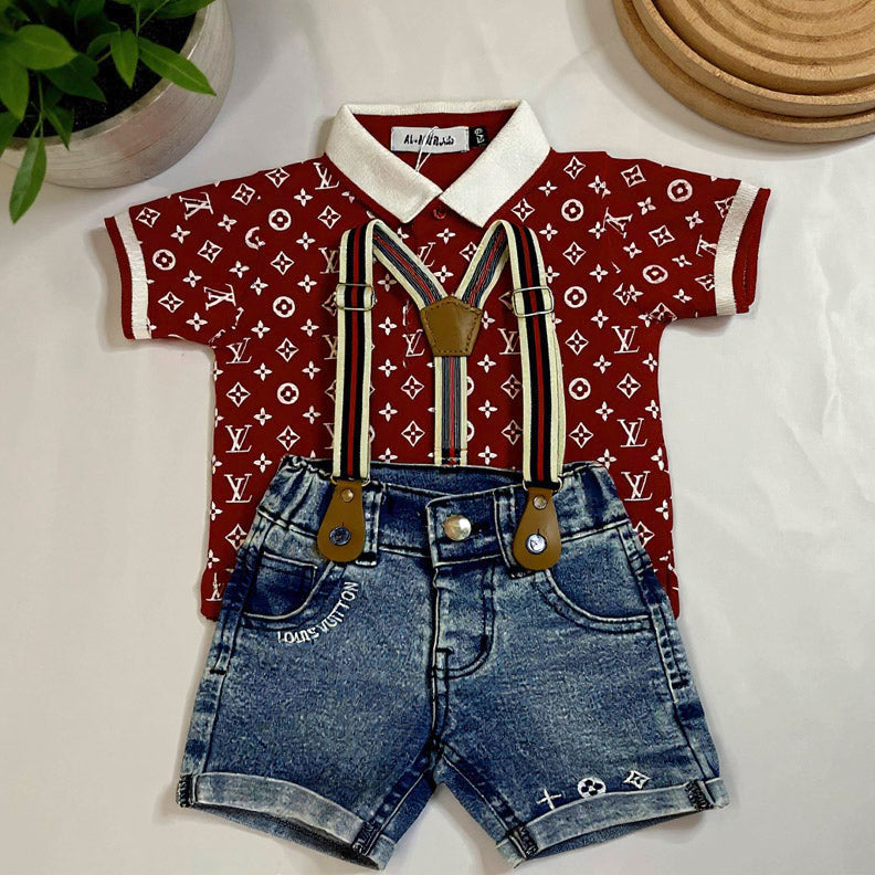 Children's outfit with red patterned shirt, denim shorts.