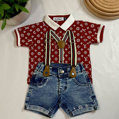 Children's outfit with red patterned shirt, denim shorts.