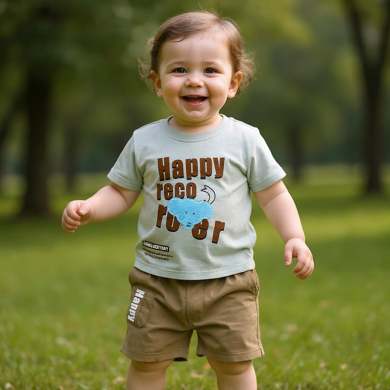 Child wearing a shirt with text and graphics.