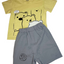 Children's yellow t-shirt with bear design and gray shorts.