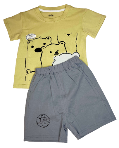 Children's yellow t-shirt with bear design and gray shorts.