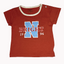 Red t-shirt with 'N Bright 1996' print.