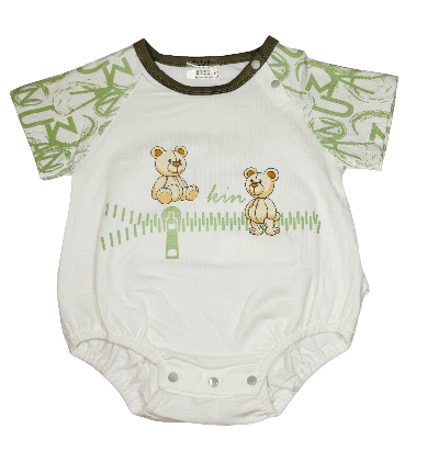 Baby romper with teddy bear design and text on a white background
