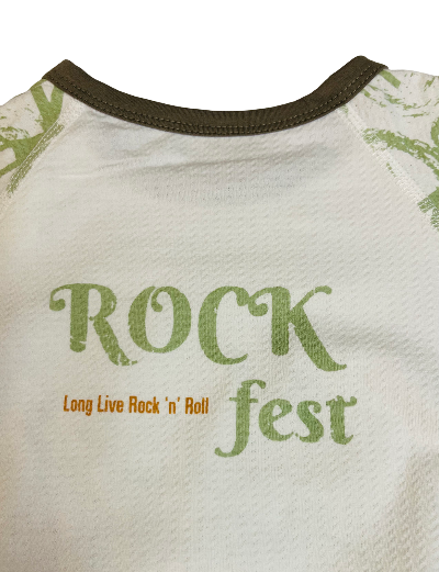 Close-up of a shirt with 'Rock fest' and 'Long Live Rock n Roll' text on a white background.