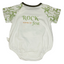 White baby romper with green text and designs on a white background