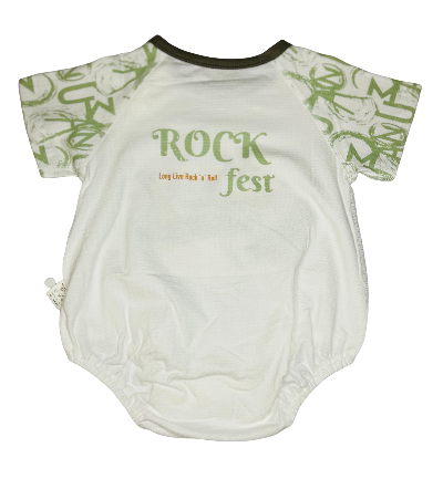 White baby romper with green text and designs on a white background