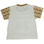 White t-shirt with brown and beige checkered sleeves.