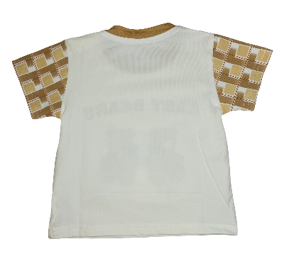 White t-shirt with brown and beige checkered sleeves.