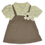 Children's outfit with a striped dress over a white shirt.
