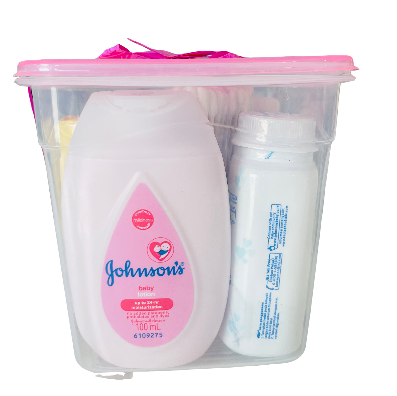 Johnson's baby products in a clear container with pink lid on a white background