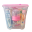 Clear container with baby bottles and accessories on a white background