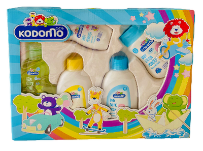 Kodomo baby product set packaging with colorful design and various bottles.