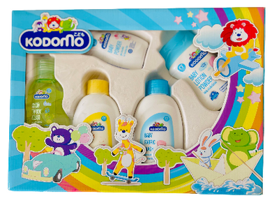 Kodomo baby product set packaging with colorful design and cartoon characters.