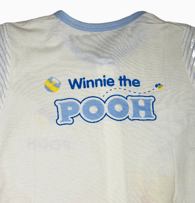Baby romper with 'Winnie the Pooh' text and logo on a light background