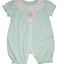 Light green baby romper with white collar and flower design on a white background