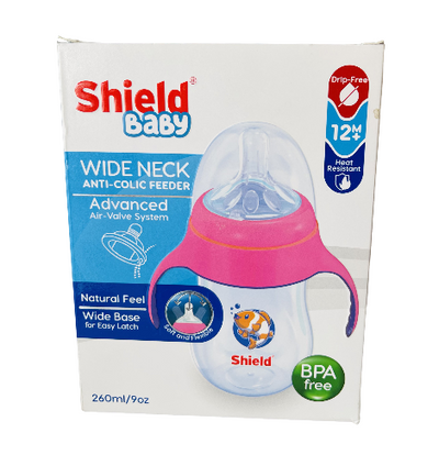 Shield Baby wide neck anti-colic feeder packaging with pink and clear design on a white background