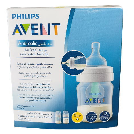Philips Avent anti-colic baby bottle packaging on a white background