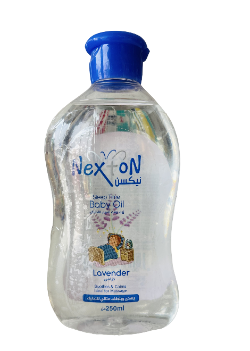 Baby oil bottle with blue cap on a white background
