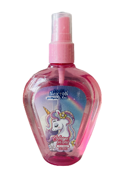 Pink spray bottle with unicorn design on a white background