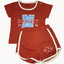 Red children's outfit with 'N' and 'BRIGHT' text on a white background