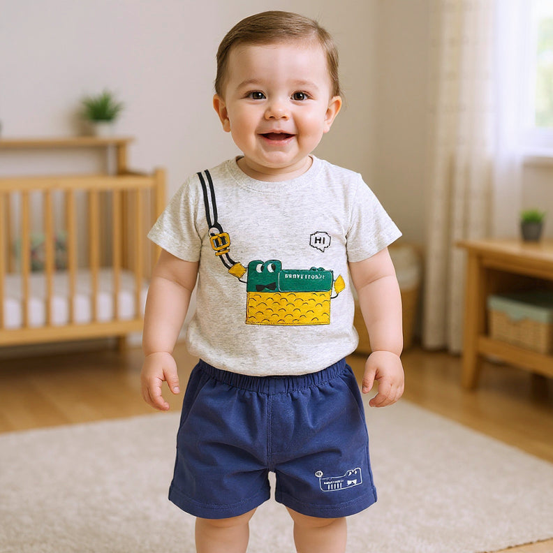 Child wearing a t-shirt with a graphic design.