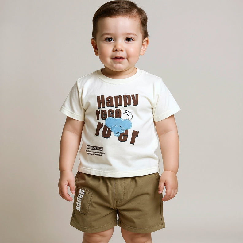 Child wearing a white t-shirt with text and graphics.