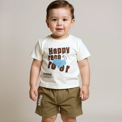 Child wearing a white t-shirt with text and graphics.